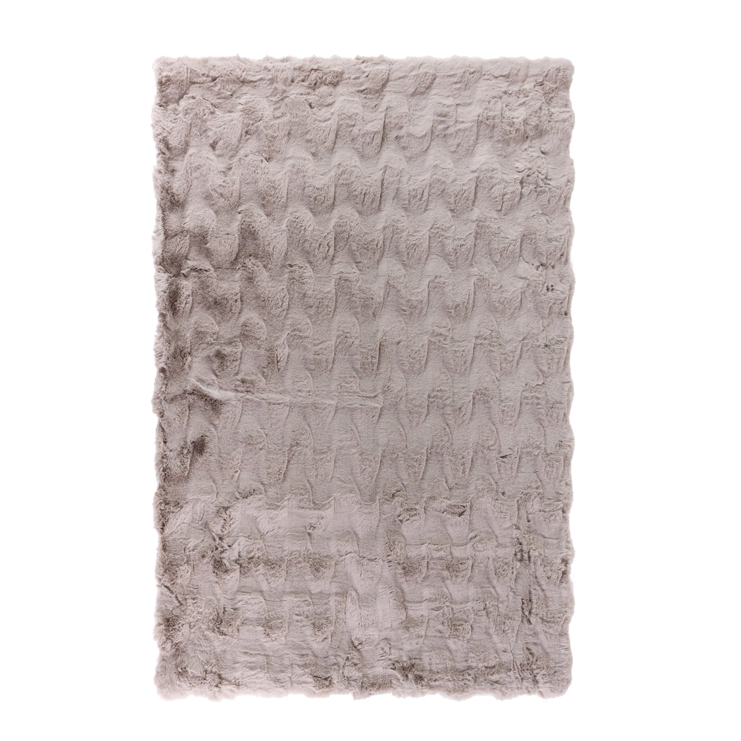 A luxuriously soft faux fur rug with a subtle textured pattern and plush pile brings warmth, comfort, and understated elegance to any living space.