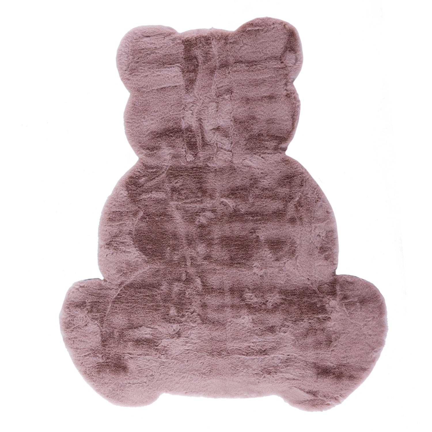 A plush blush pink faux fur rug in the shape of a seated teddy bear, featuring a luxuriously soft texture and a playful silhouette perfect for a nursery or children's bedroom.