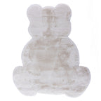 A plush ivory faux fur rug in the shape of a seated teddy bear, featuring a luxuriously soft texture and a playful silhouette perfect for a nursery or children's bedroom.