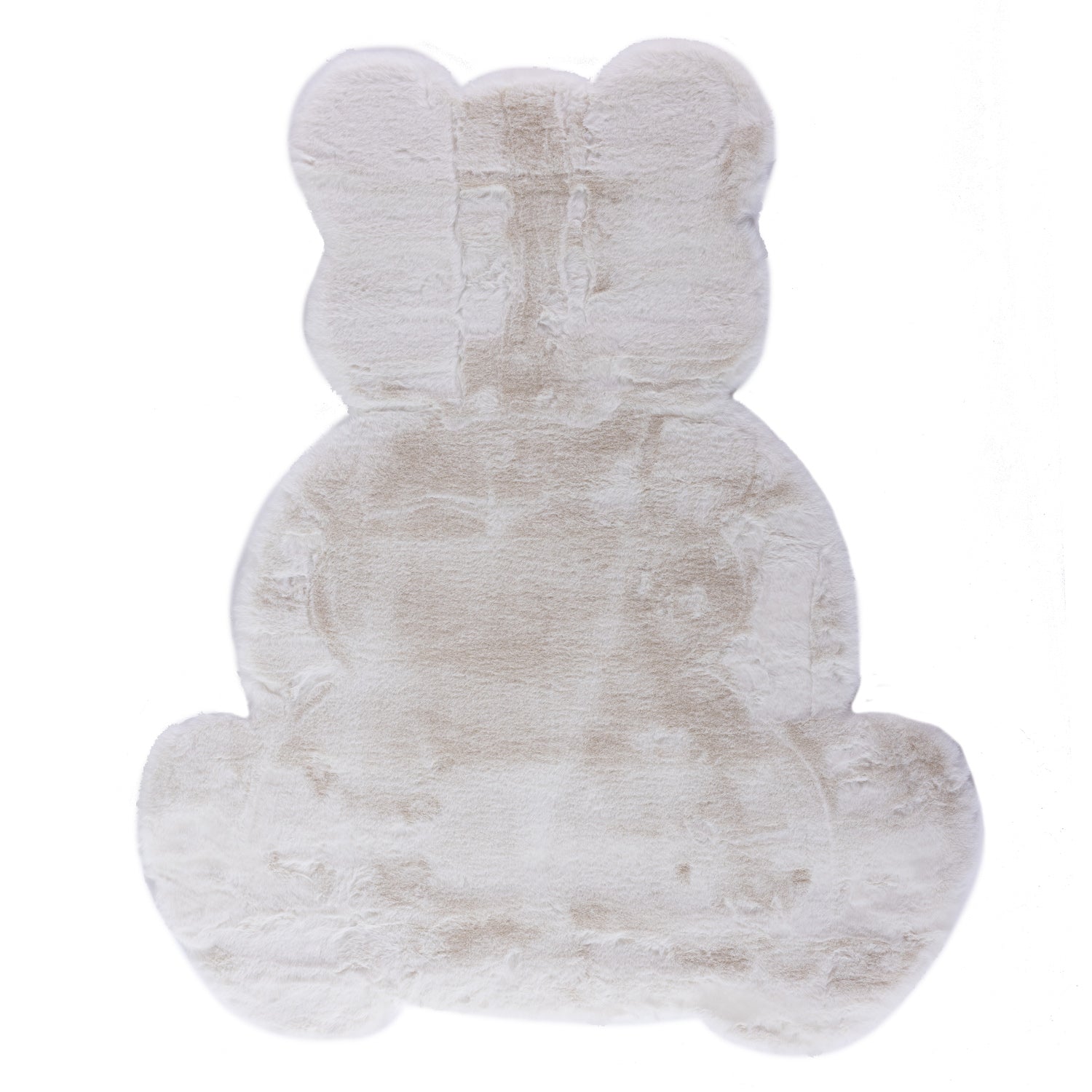 A plush ivory faux fur rug in the shape of a seated teddy bear, featuring a luxuriously soft texture and a playful silhouette perfect for a nursery or children's bedroom.