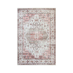 A rectangular vintage-style area rug with a distressed traditional pattern, featuring a dusty pink field, beige and gray central medallion, and a detailed floral border.