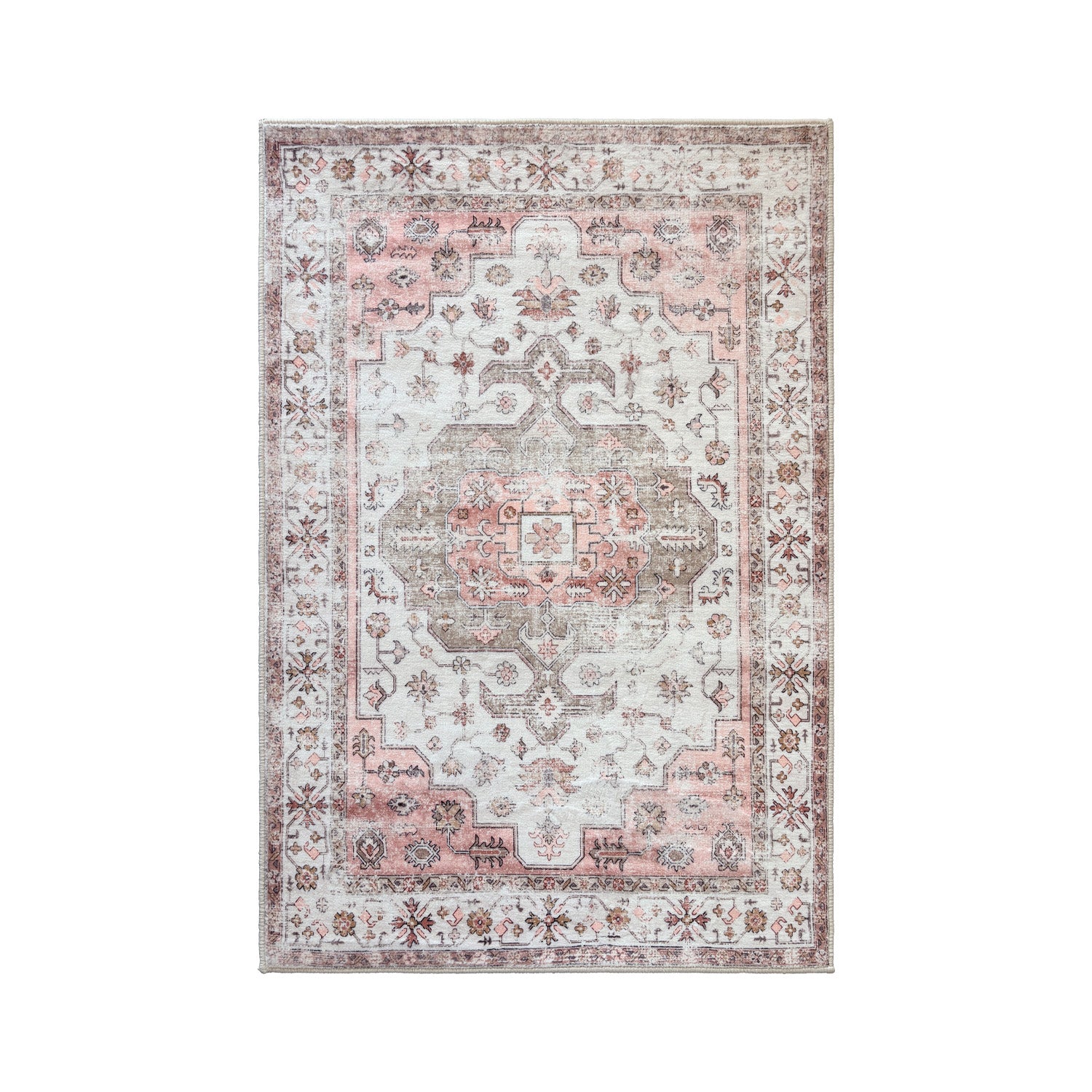 A rectangular vintage-style area rug with a distressed traditional pattern, featuring a dusty pink field, beige and gray central medallion, and a detailed floral border.