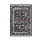 A rectangular traditional area rug with an intricate floral and geometric pattern in navy blue, beige, and muted orange, shown flat against a solid white background.