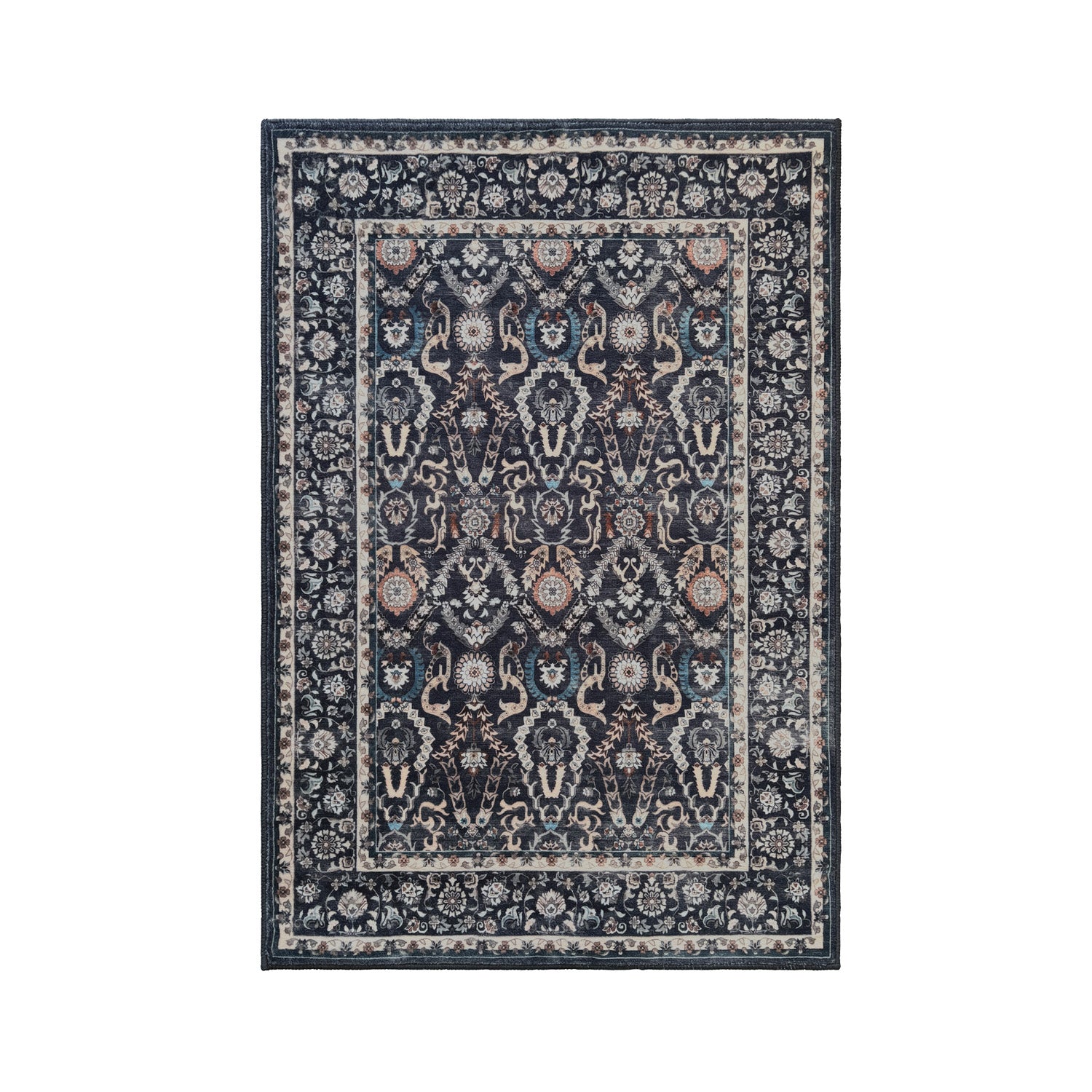 A rectangular traditional area rug with an intricate floral and geometric pattern in navy blue, beige, and muted orange, shown flat against a solid white background.