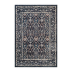 A rectangular traditional area rug with an intricate floral and geometric pattern in dark navy blue, beige, and muted teal, shown flat against a solid white background.