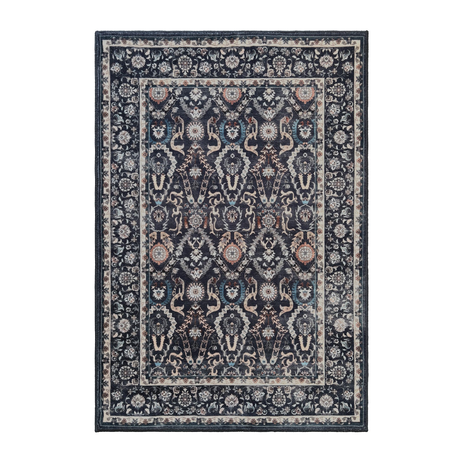 A rectangular traditional area rug with an intricate floral and geometric pattern in dark navy blue, beige, and muted teal, shown flat against a solid white background.