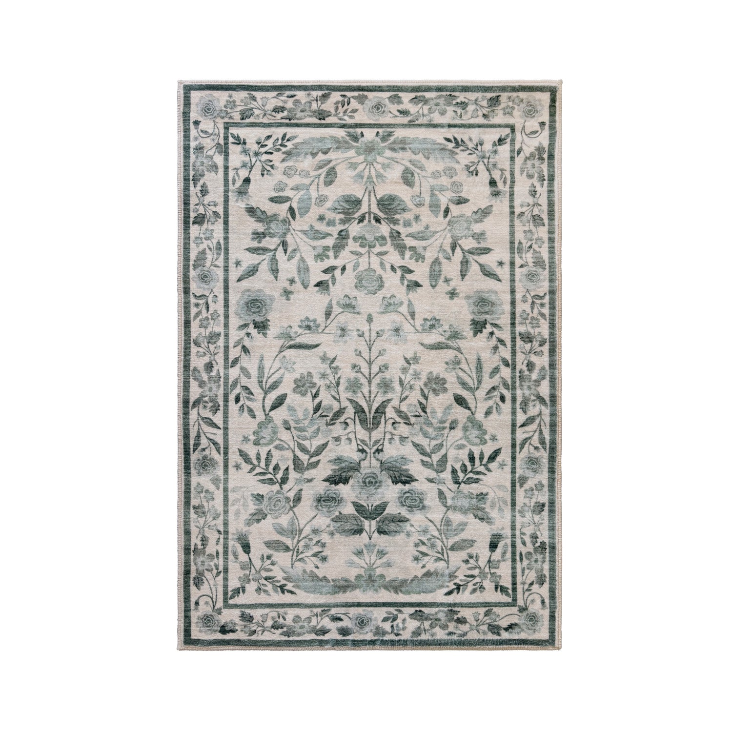 A rectangular area rug with a traditional floral and botanical pattern in muted sage green and gray on an off-white background, shown flat against a solid white background.
