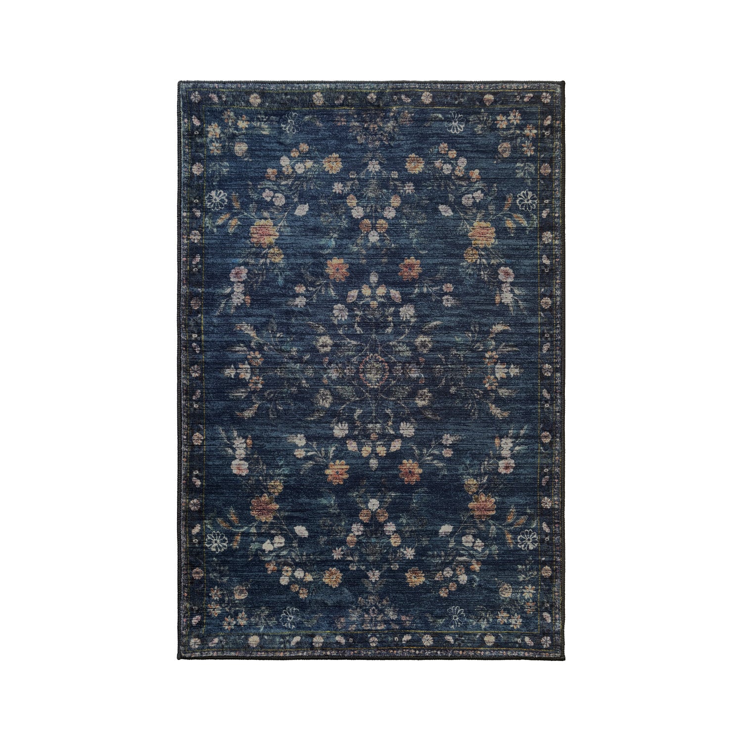 A rectangular vintage-style area rug with a distressed navy blue background and an intricate floral medallion pattern in muted beige, rust, and cream tones.