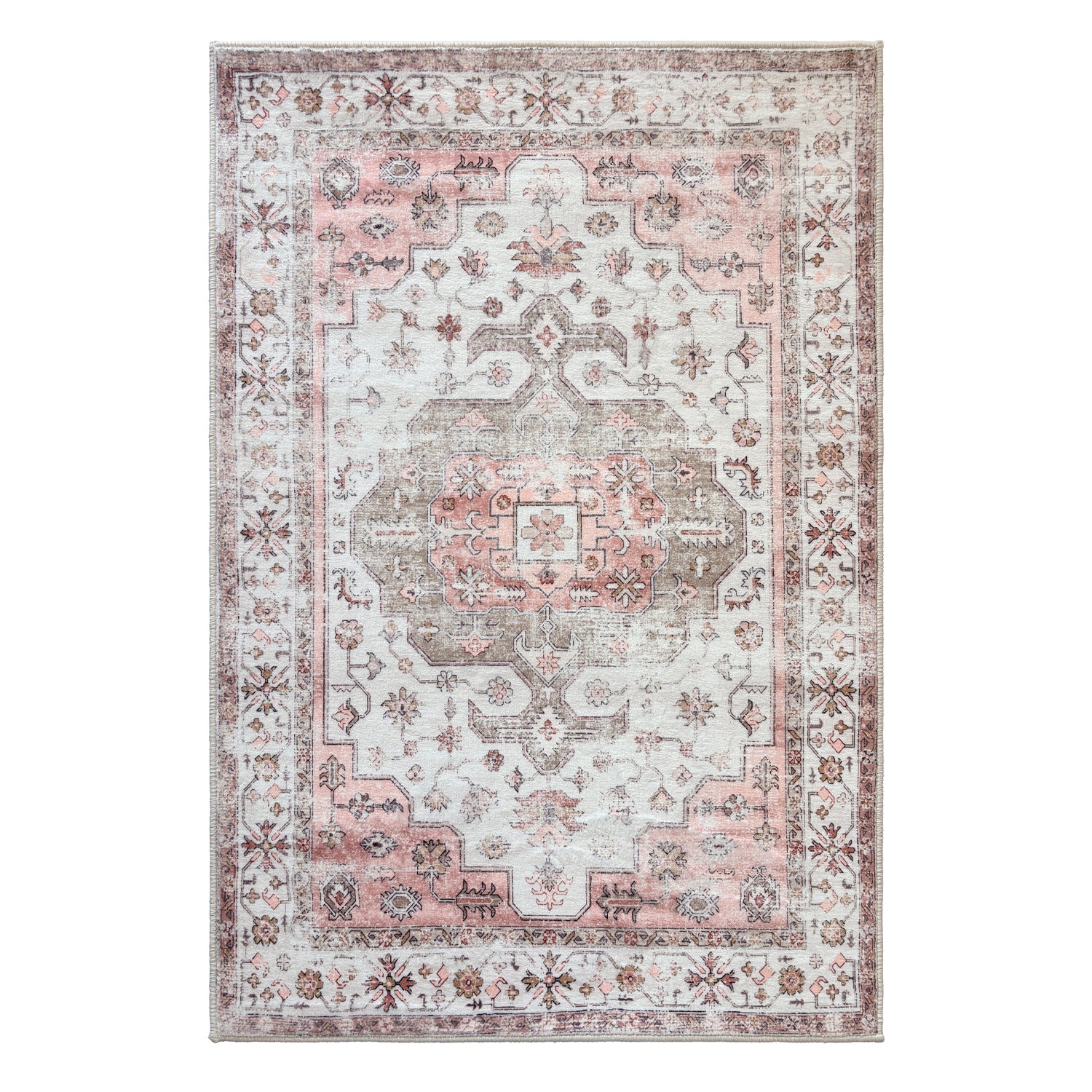 A rectangular vintage-style area rug with a distressed traditional pattern in soft pink, beige, and muted gray-brown tones, shown flat against a white background.
