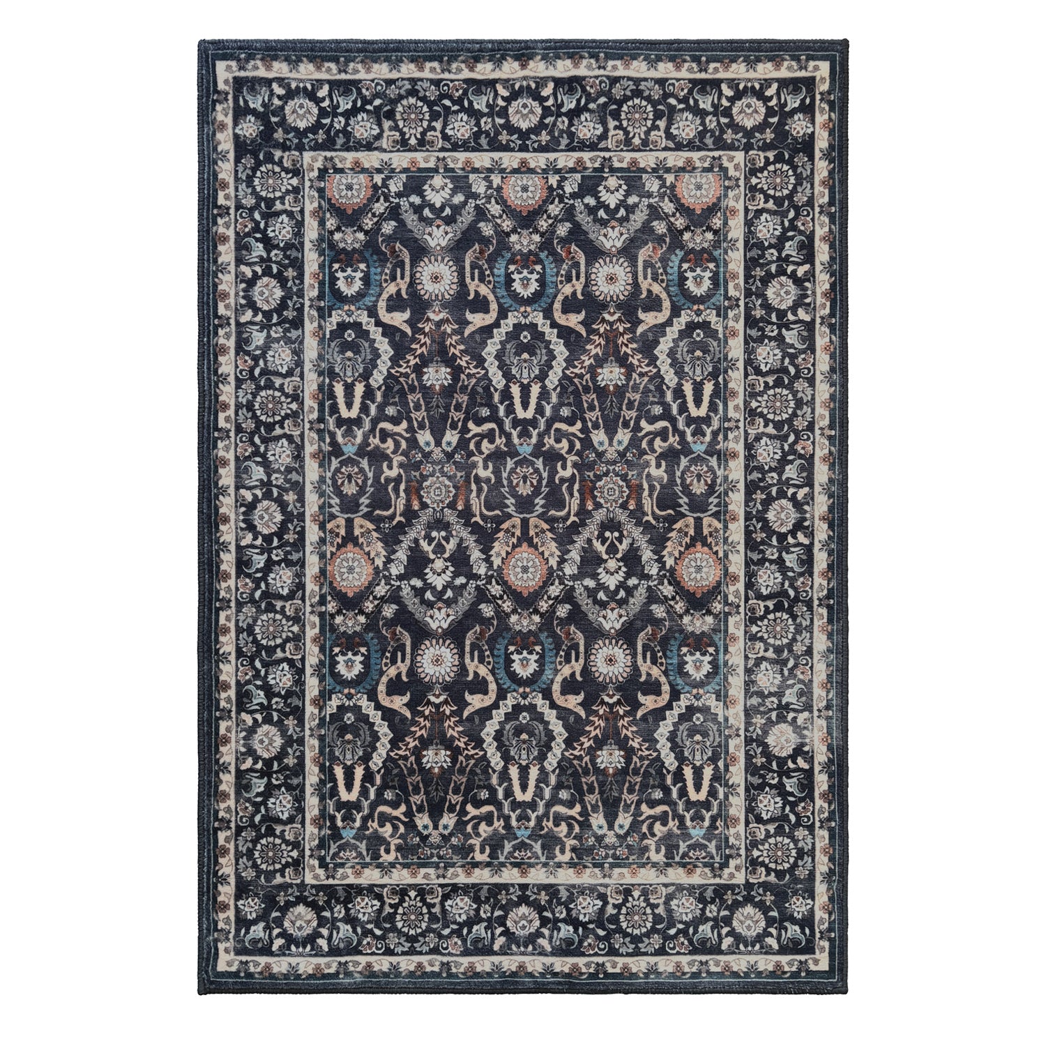 A rectangular traditional area rug with an intricate floral and geometric pattern in navy blue, beige, and muted teal, shown flat against a solid white background.