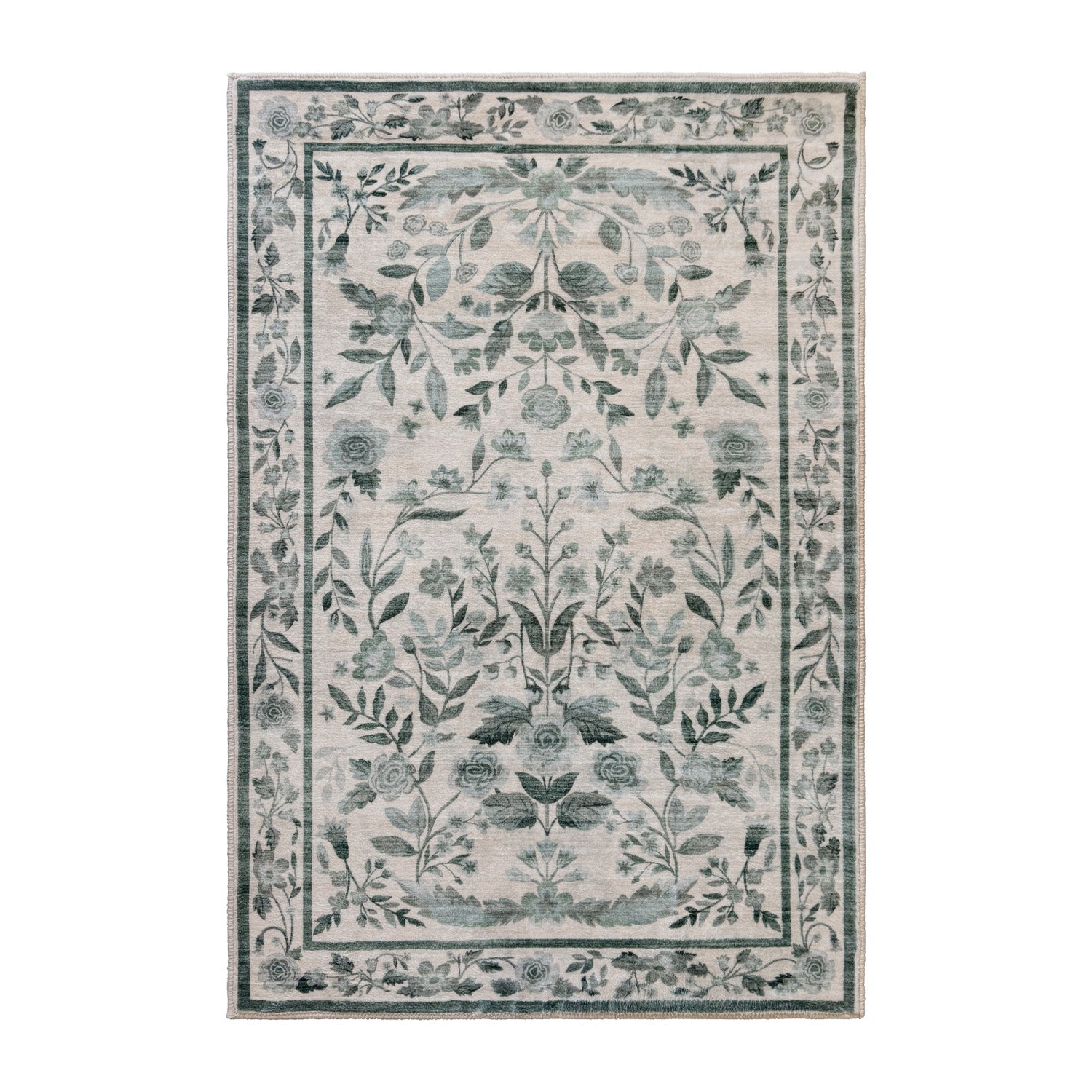 A rectangular area rug with a traditional floral and botanical pattern in muted sage green, gray, and off-white tones, shown flat against a plain white background.