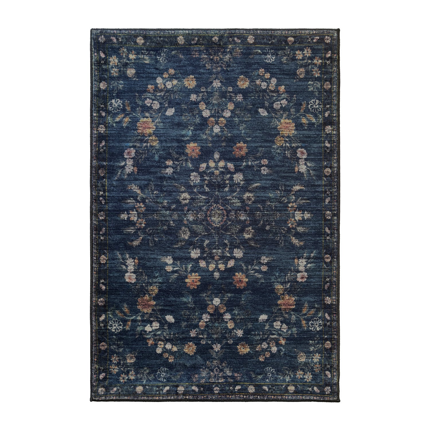 A rectangular vintage-style area rug with a distressed navy blue background and an intricate medallion pattern in muted beige, rust orange, and white, shown flat against a plain white background.