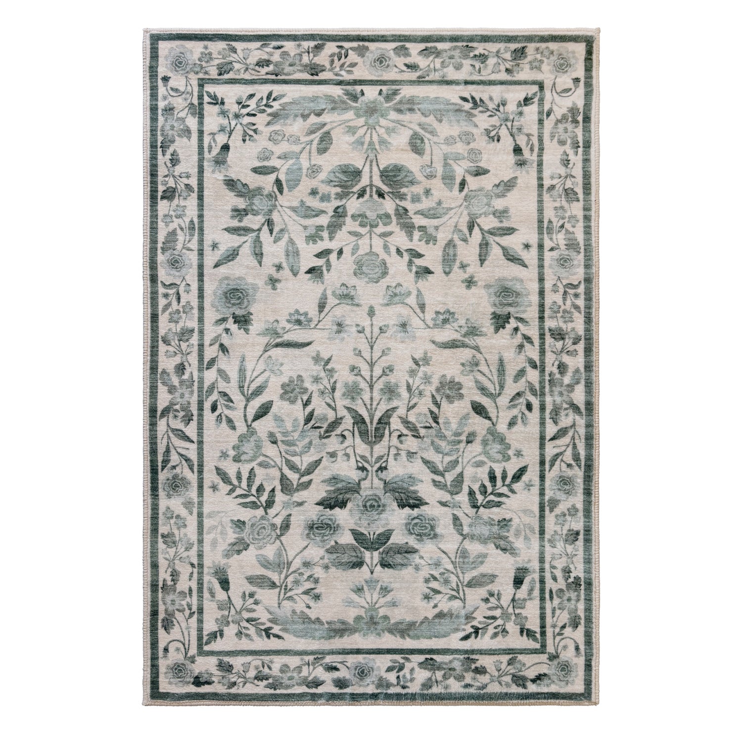 A rectangular area rug with a traditional floral pattern in muted sage green and gray on a warm off-white background, shown flat against a white studio backdrop.