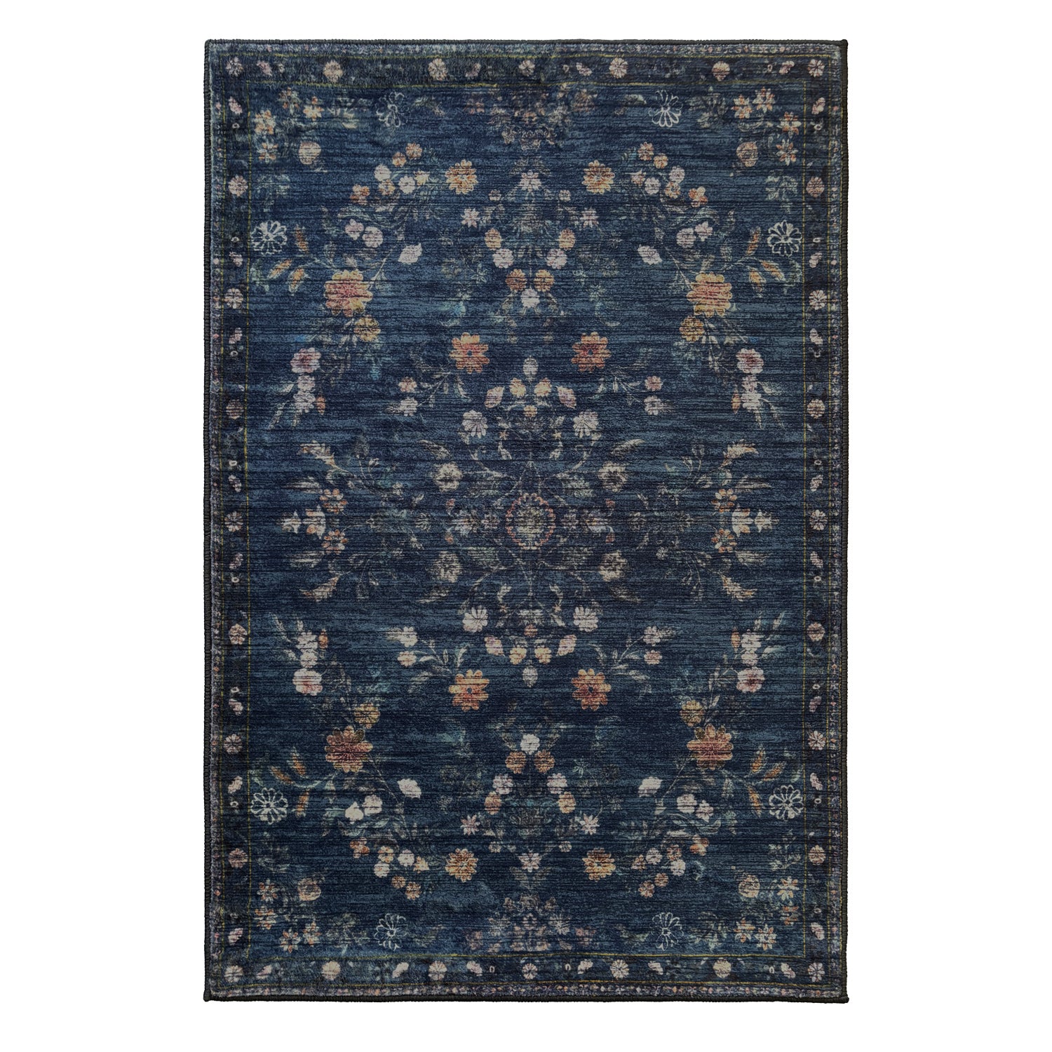 A rectangular area rug with a distressed navy blue background and an intricate vintage-style floral pattern in muted beige, rust, and white tones.