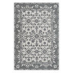 Design Republique Ari Area Rug 200 x 300cm in Silver, featuring an ornate floral pattern in silver and ivory tones with a decorative border.