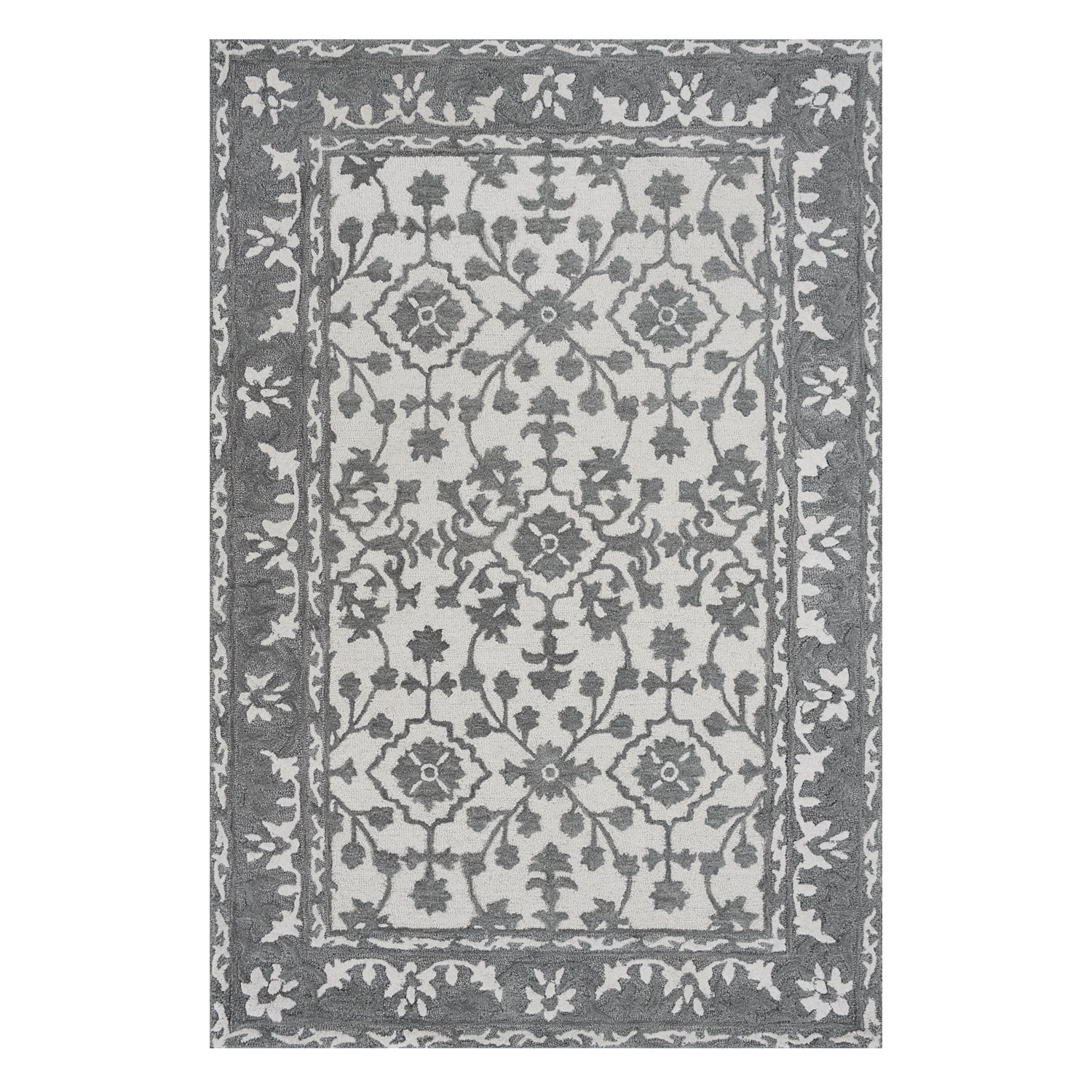 Design Republique Ari Area Rug 200 x 300cm in Silver, featuring an ornate floral pattern in silver and ivory tones with a decorative border.