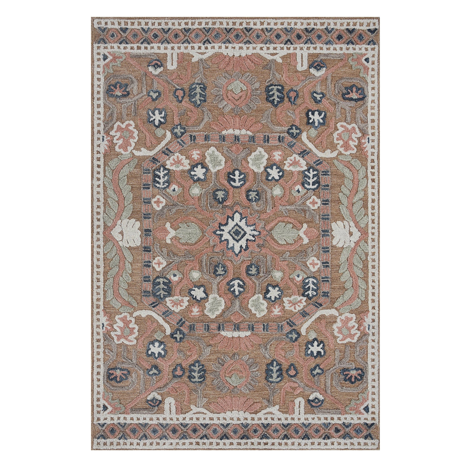 Design Republique Neve Wool Rug 200 x 300cm in Clay, featuring an intricate floral-inspired pattern in clay, blush, navy and neutral tones.