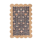 Design Republique Naomi Jute Scallop Rug 68 x 115cm in Multi Coloured, featuring an intricate dark floral pattern with a natural jute scalloped border.
