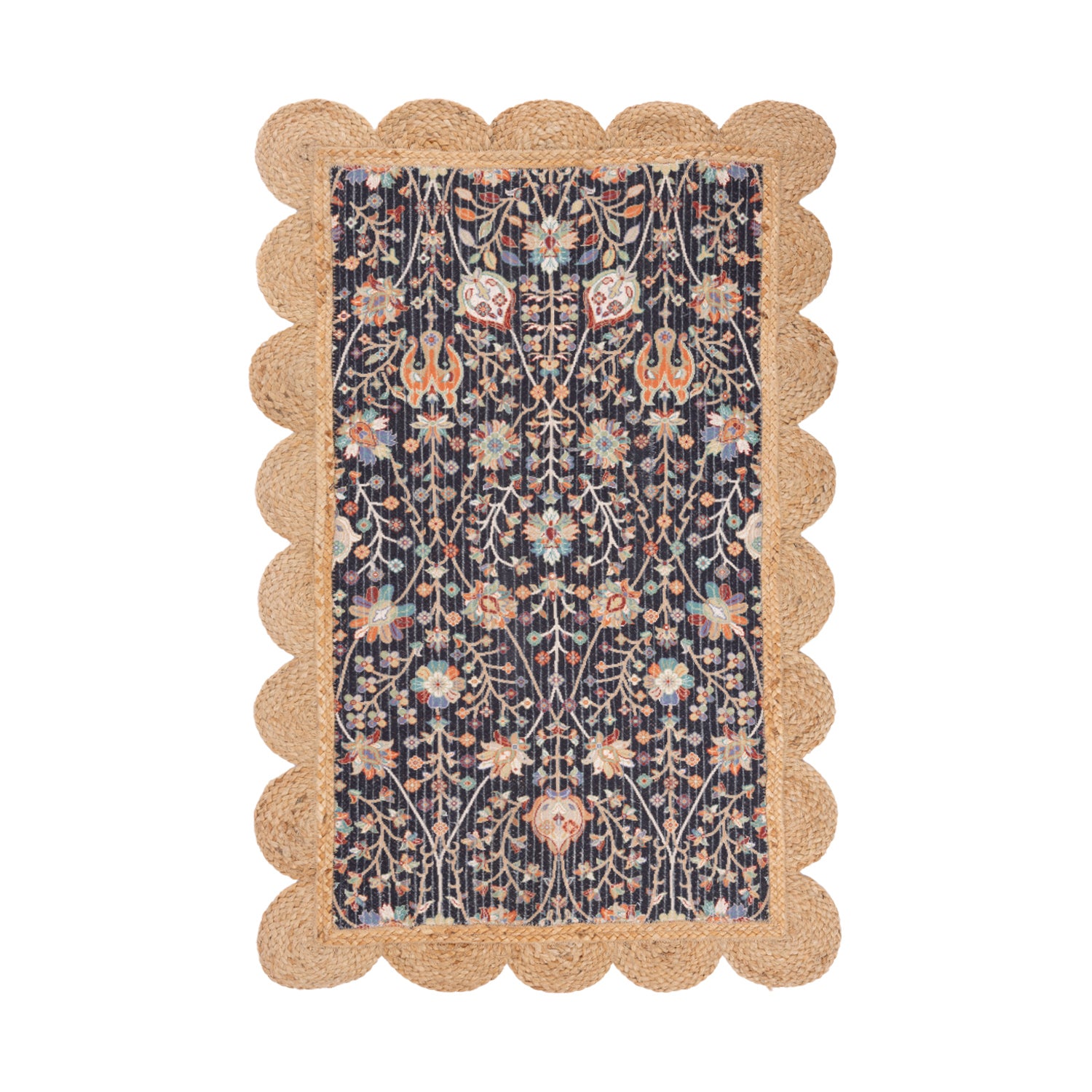 Design Republique Naomi Jute Scallop Rug 68 x 115cm in Multi Coloured, featuring an intricate dark floral pattern with a natural jute scalloped border.