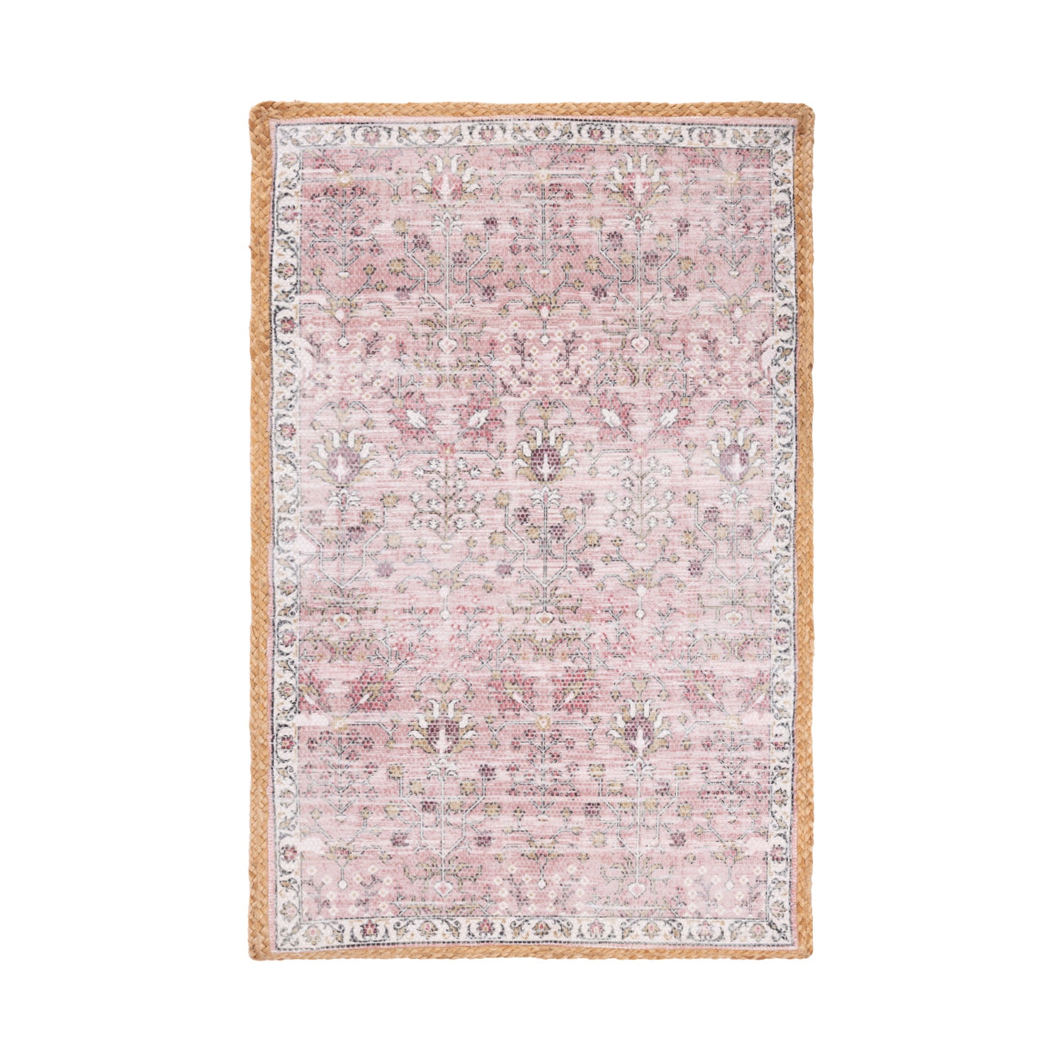Design Republique Nicole Jute Edge Rug 68 x 115cm in Blush, featuring a soft blush vintage-inspired floral pattern with a natural jute border.