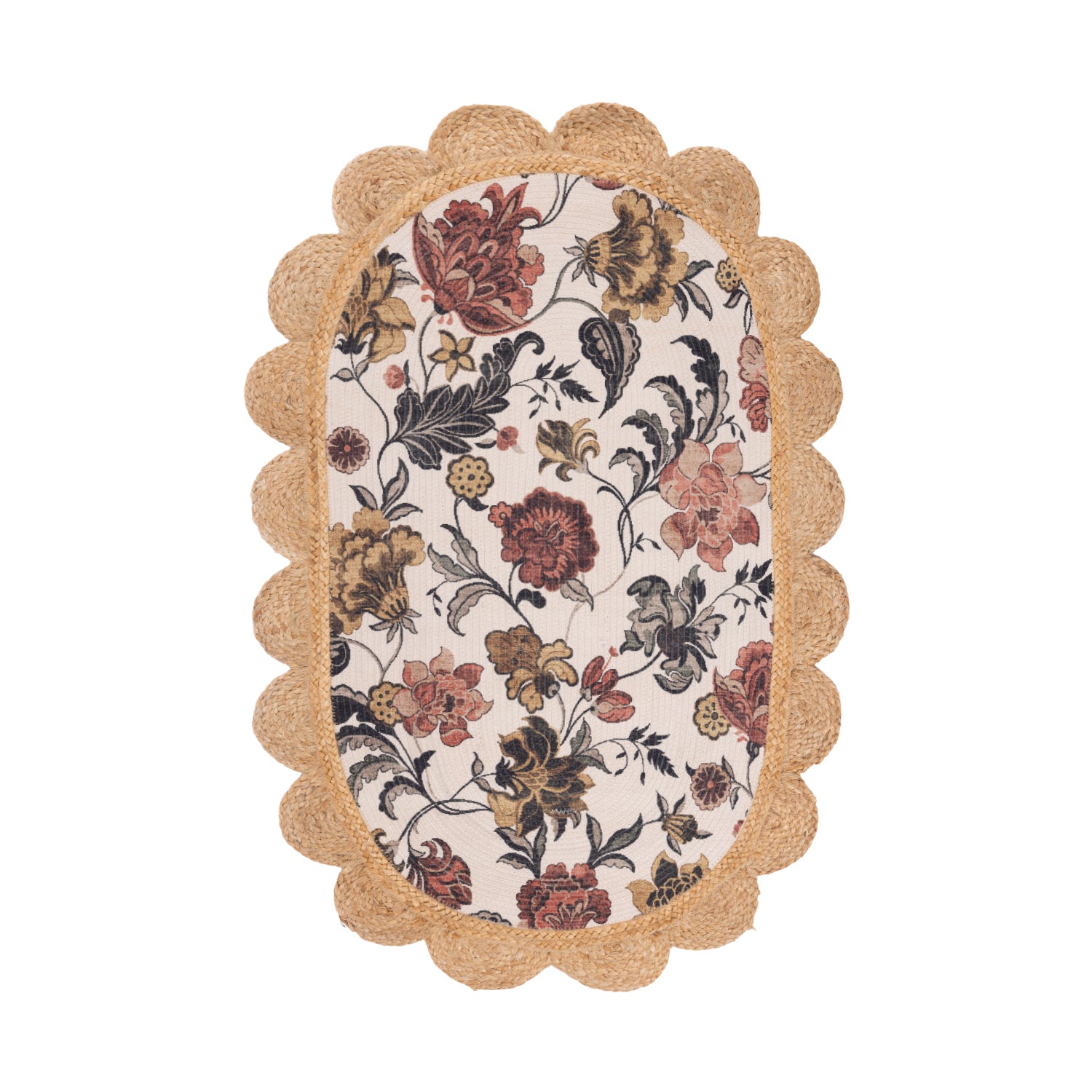 Gracious Living Grace Scallop Edge Rug 68 x 115cm in Ivory, featuring a multicoloured floral design on an ivory background with a natural scalloped jute border.