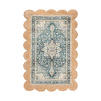Design Republique Margo Scallop Edge Rug 68 x 115cm in Cream, featuring a teal and cream vintage-inspired medallion pattern with a natural scalloped jute border.