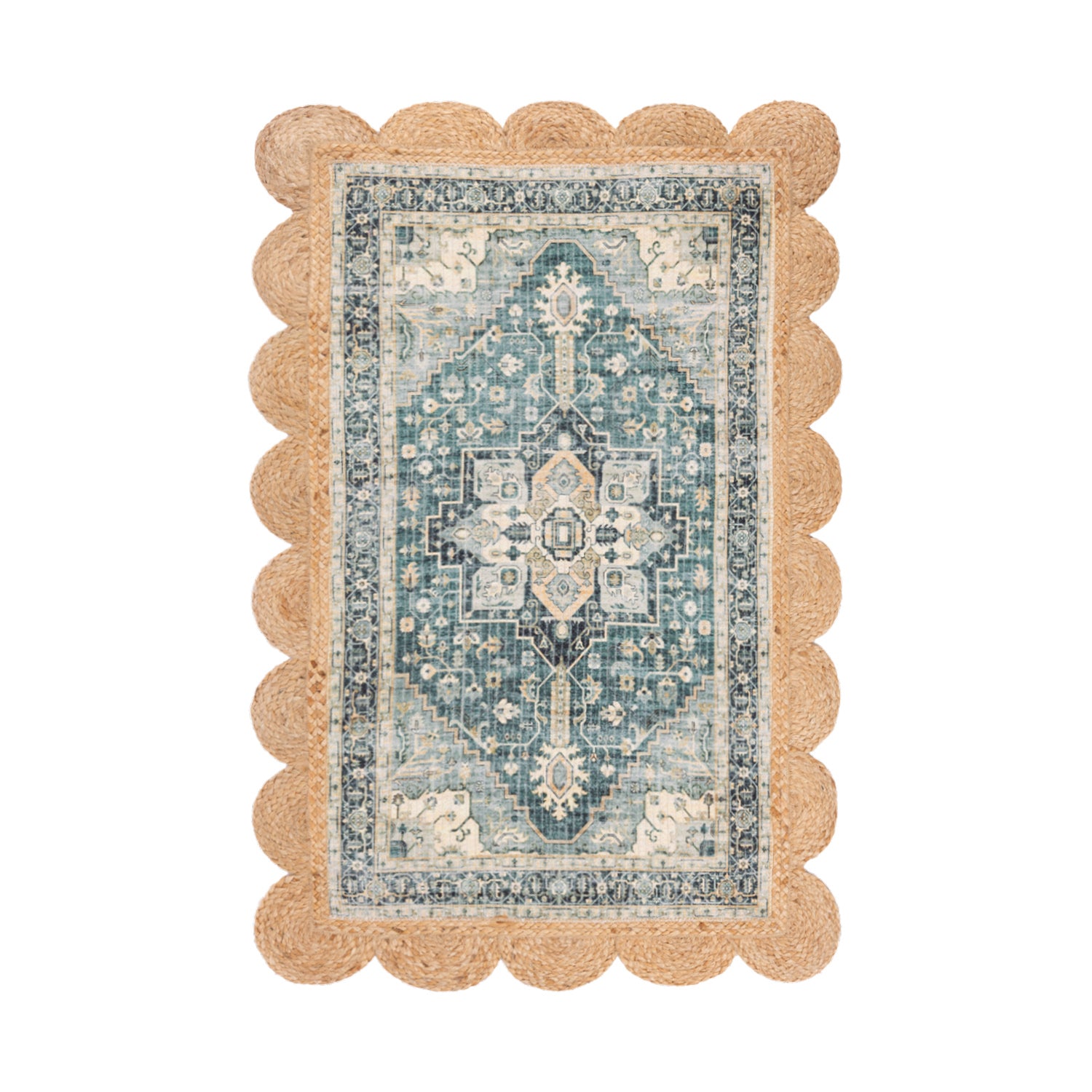 Design Republique Margo Scallop Edge Rug 68 x 115cm in Cream, featuring a teal and cream vintage-inspired medallion pattern with a natural scalloped jute border.