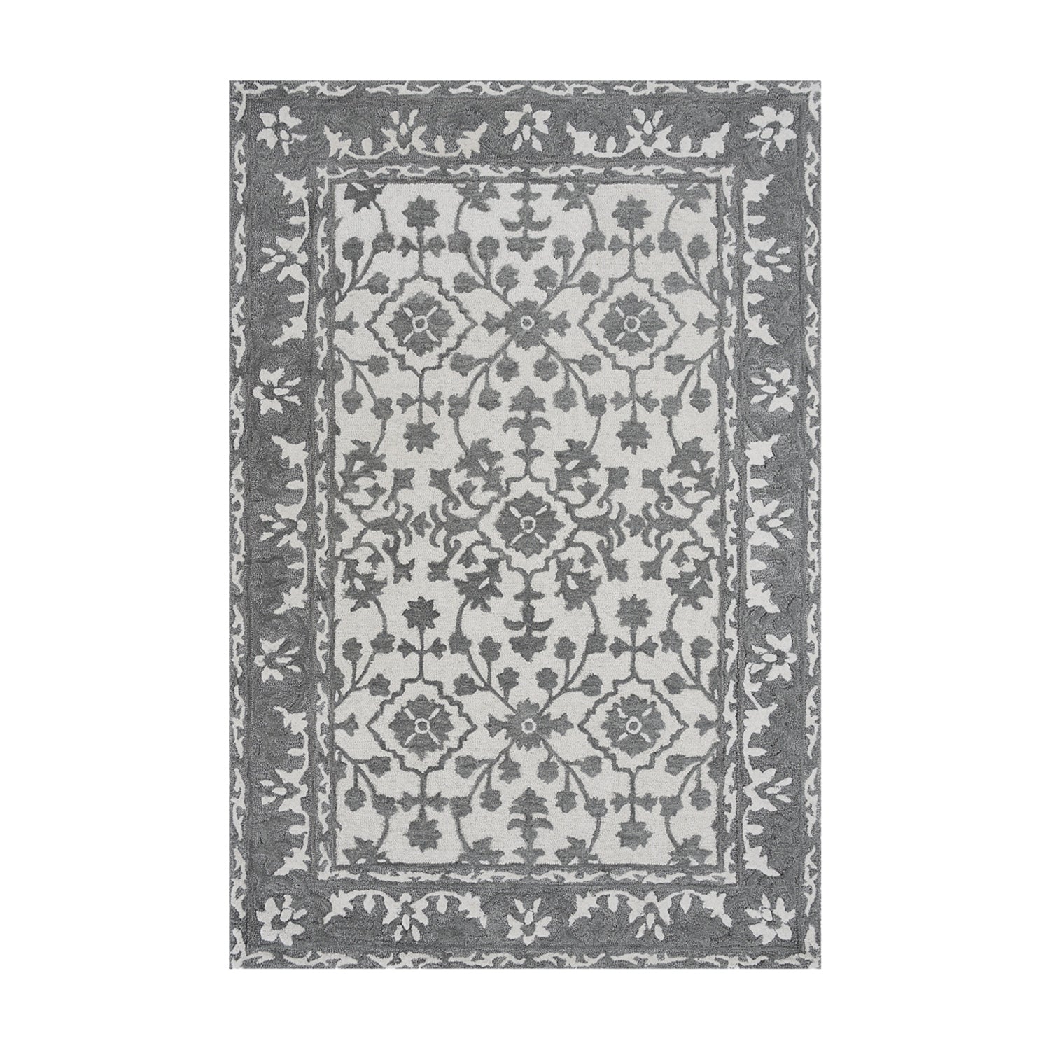 Design Republique Ari Area Rug 160 x 230cm in Silver, featuring a grey and ivory traditional floral pattern with a decorative border.
