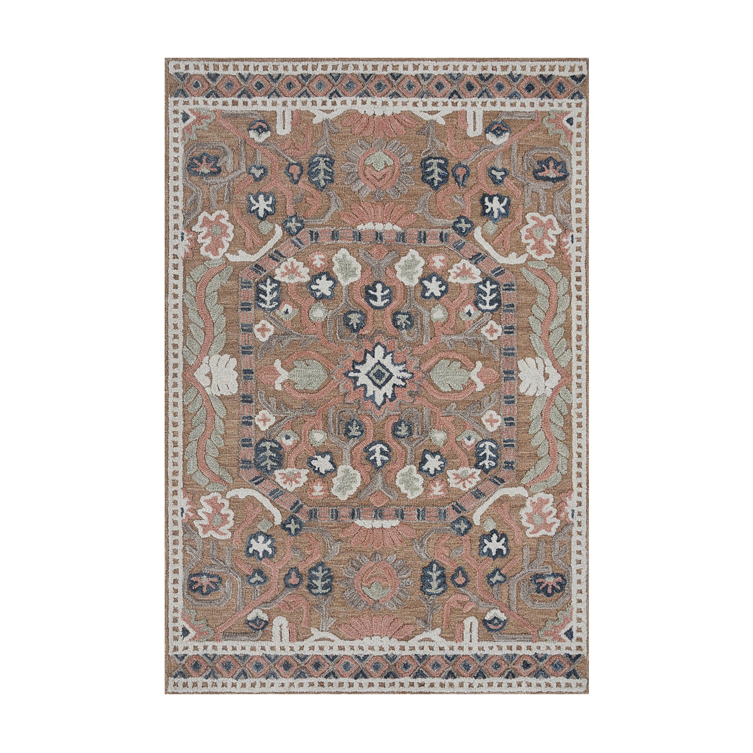 Design Republique Neve Wool Rug 160 x 230cm in Clay, featuring an ornate floral medallion design in clay, blush, navy, sage and ivory tones.