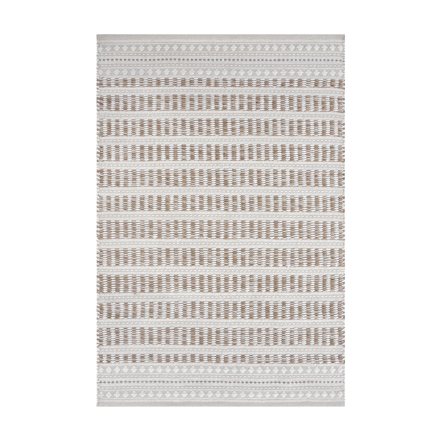 Fieldcrest Rema Jute Border Rug 160 x 230cm in Natural, featuring textured woven stripes in natural and ivory tones with decorative patterned bands.