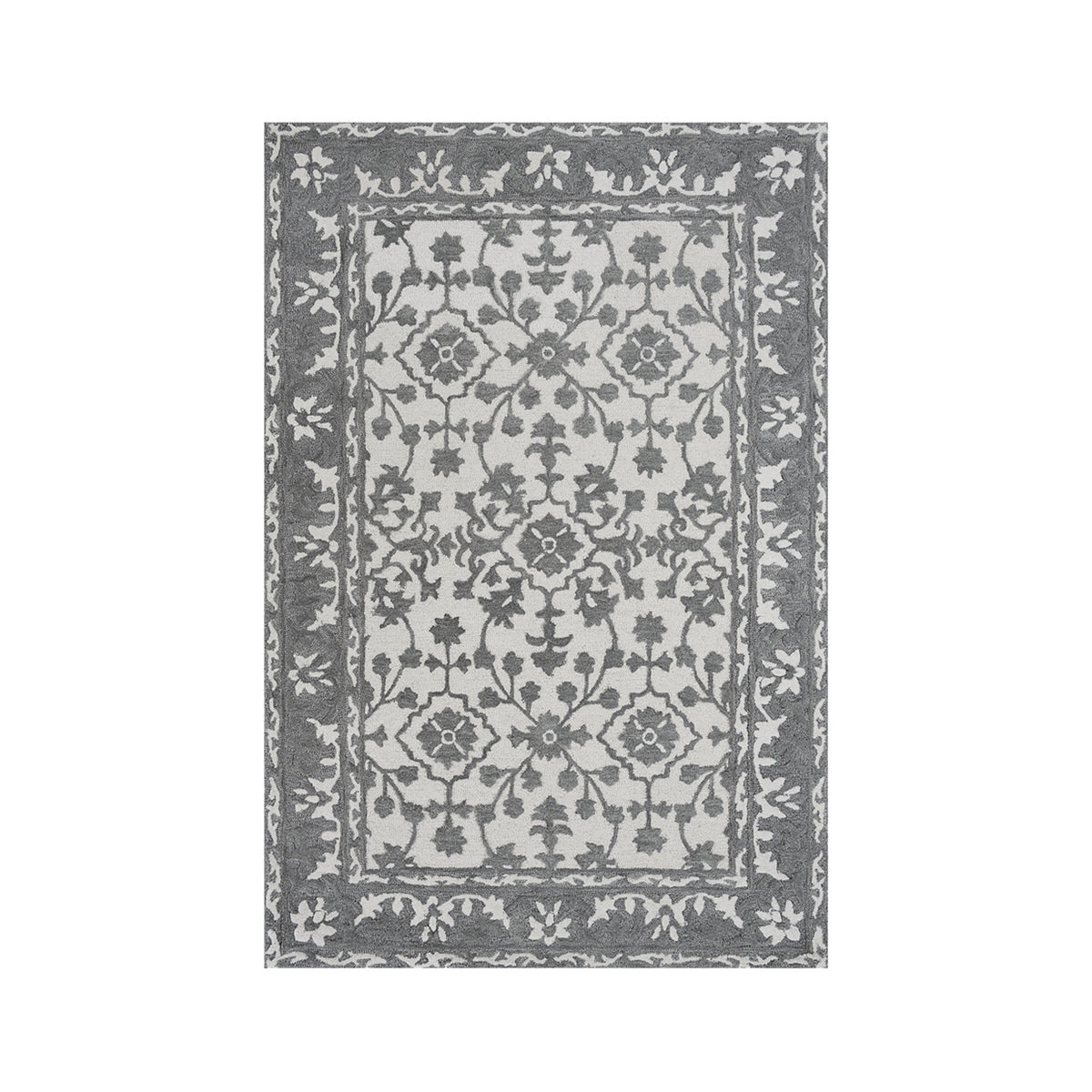 Design Republique Ari Area Rug 120 x 180cm in Silver, featuring a grey and ivory traditional floral pattern with a decorative border.
