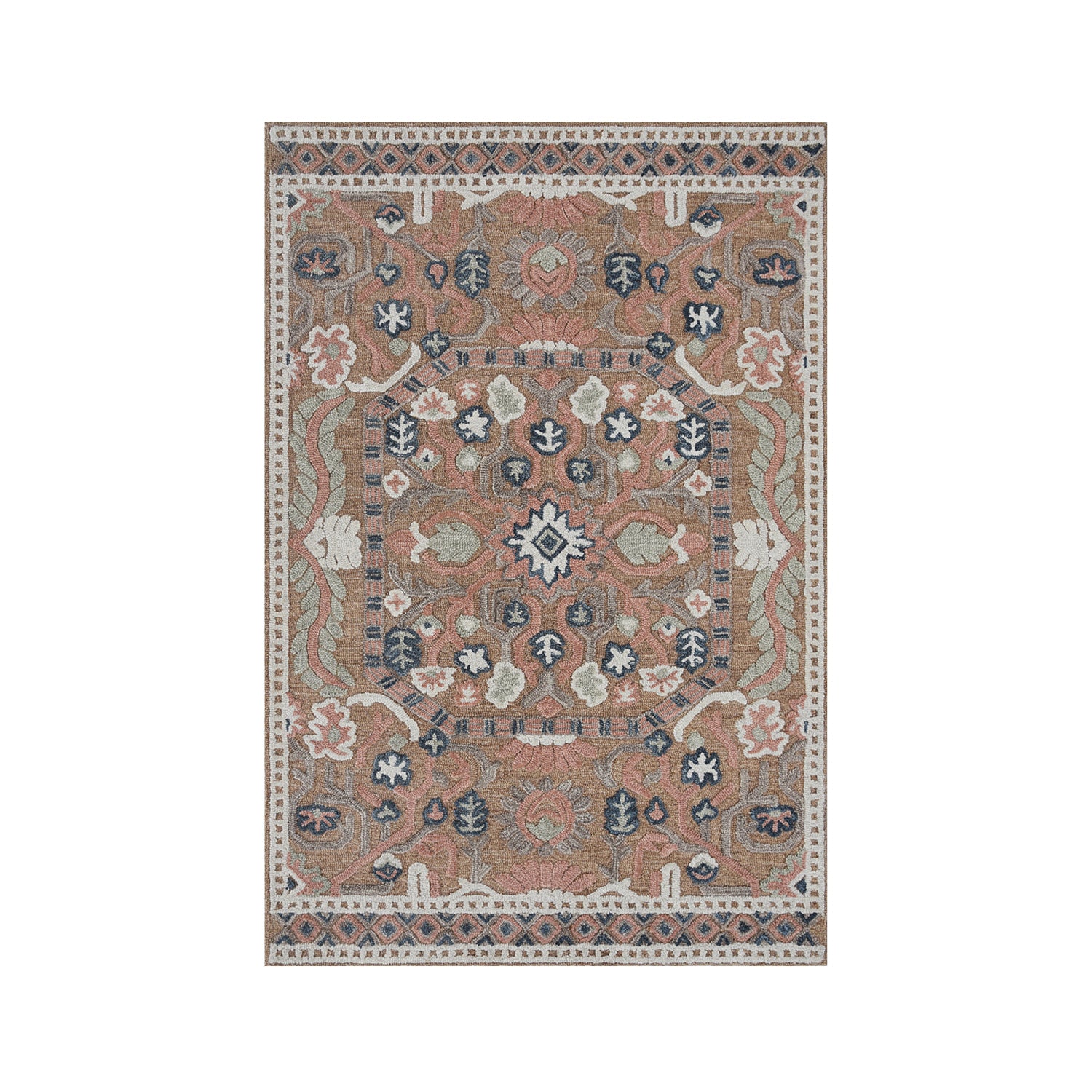 Design Republique Neve Wool Rug 120 x 180cm in Clay, featuring an ornate floral medallion design in clay, blush, navy, sage and ivory tones.