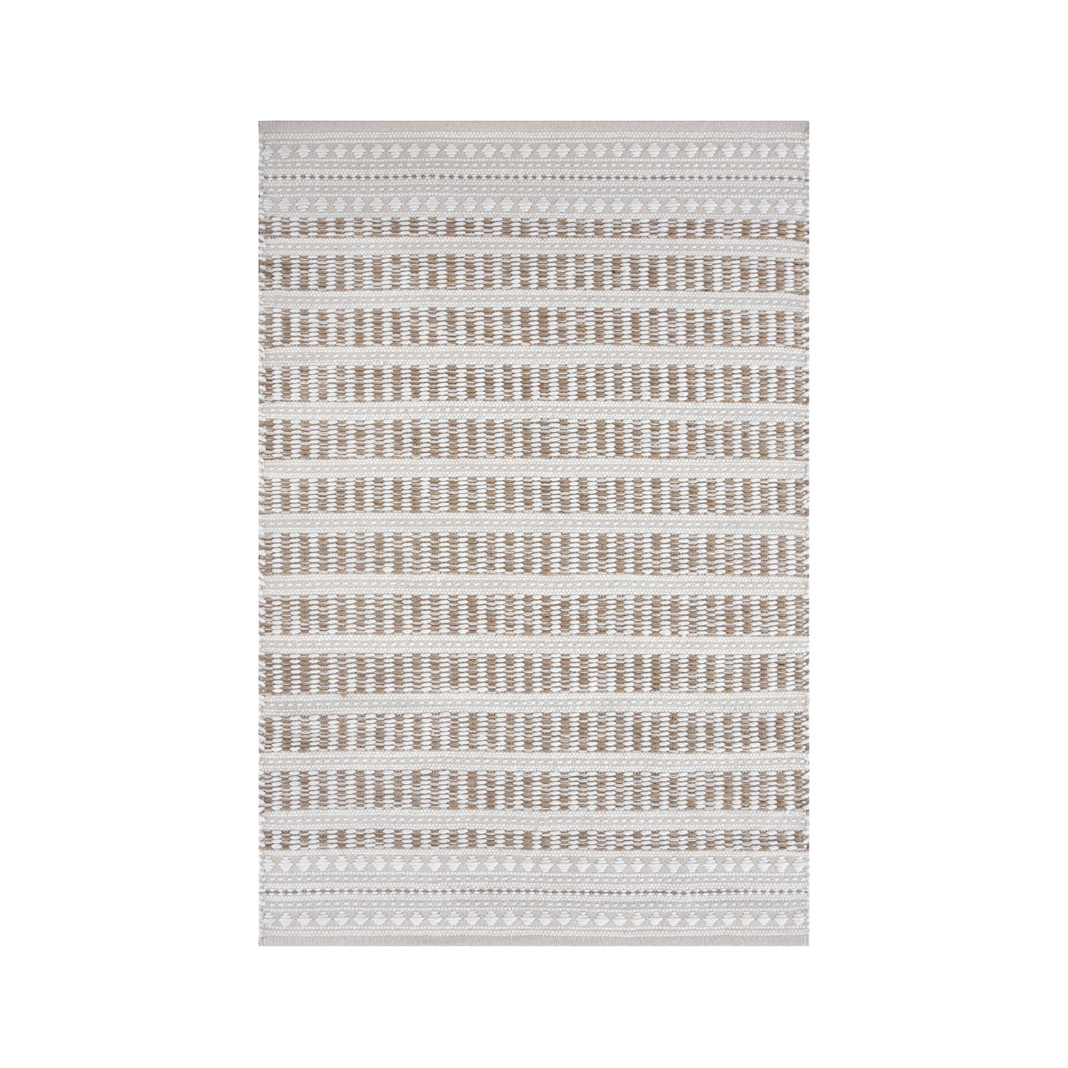 Fieldcrest Rema Jute Border Rug 120 x 180cm in Natural, featuring textured woven stripes in natural and ivory tones with decorative patterned bands.