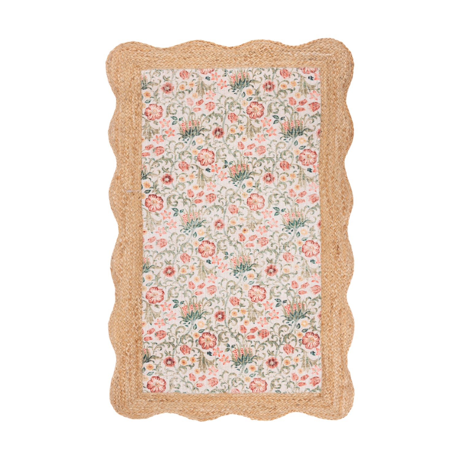 Design Republique Tony Jute Scallop Rug 68 x 115cm in Multi Coloured, featuring a floral printed centre with a natural jute scalloped border.