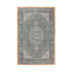 Design Republique Kirsty Jute Edge Rug 68 x 115cm in Green, featuring a vintage-inspired medallion pattern with a natural jute border.