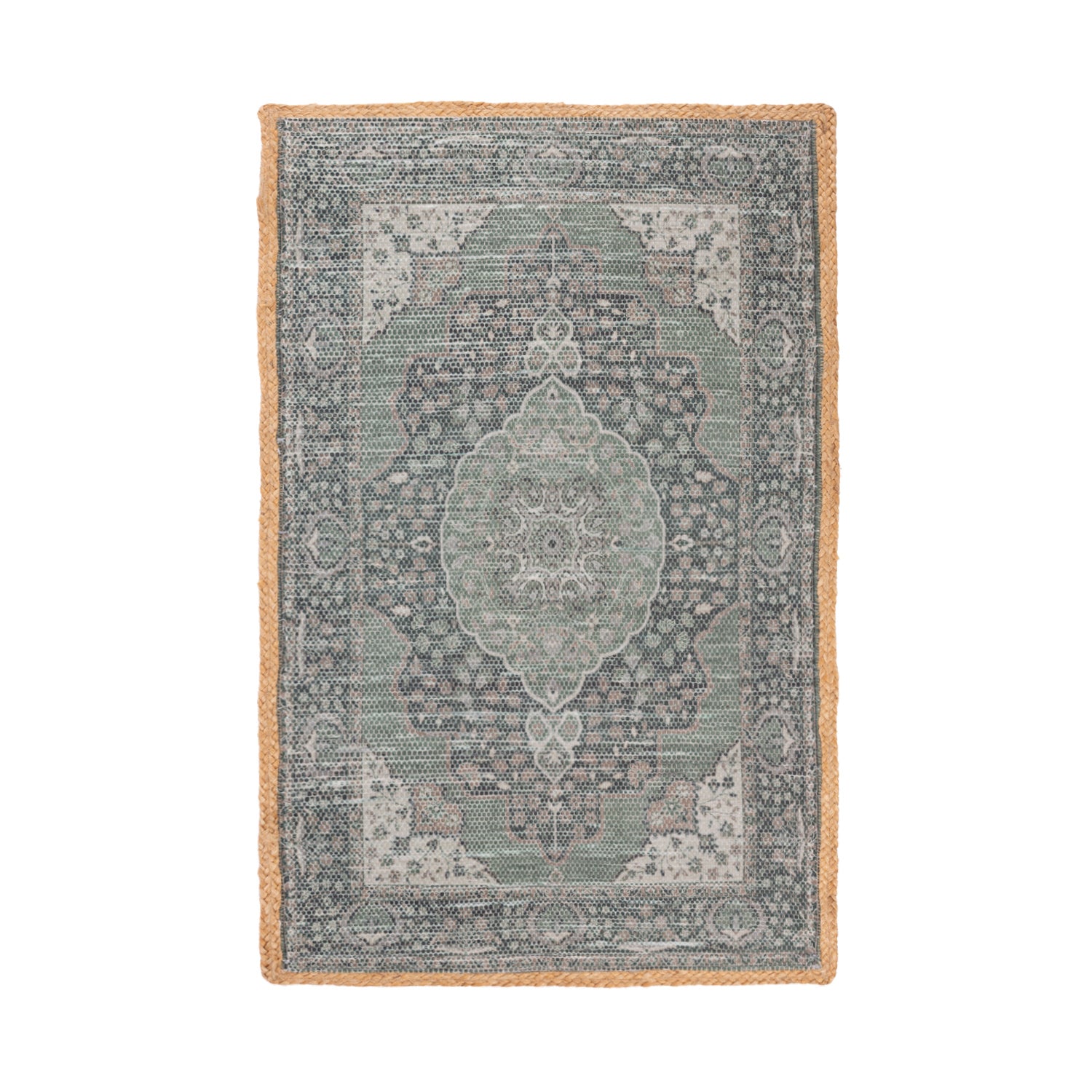 Design Republique Kirsty Jute Edge Rug 68 x 115cm in Green, featuring a vintage-inspired medallion pattern with a natural jute border.