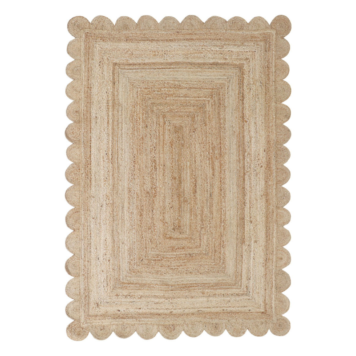 Cove Liv Scallop Jute Rug 200 x 300cm featuring a natural woven jute texture, a concentric rectangular pattern and a decorative scalloped border in warm neutral tones.