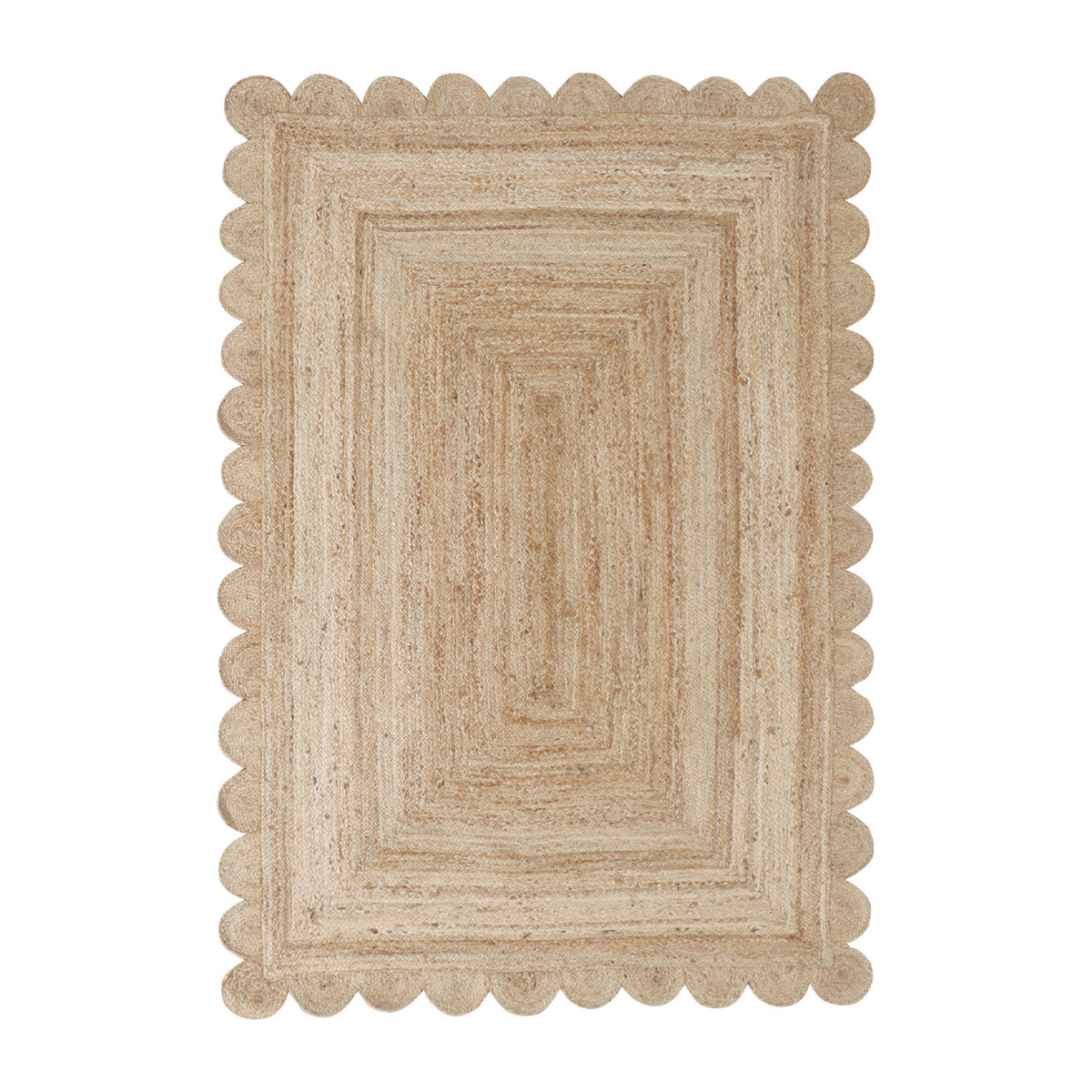 Natural rectangular jute rug featuring a textured woven design, concentric rectangular pattern and decorative scalloped edges.