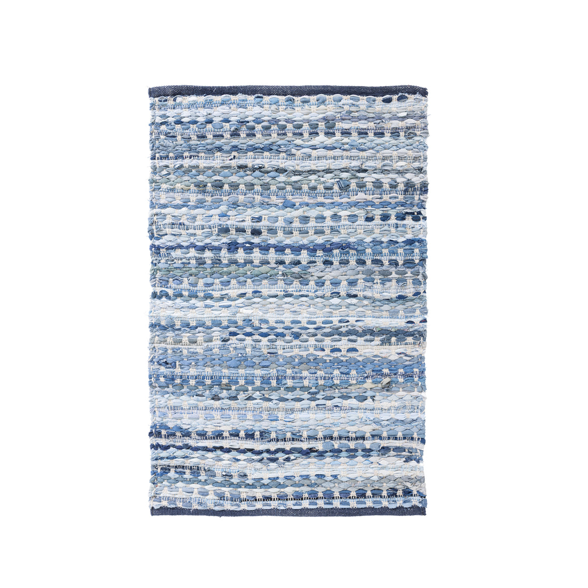 Home Co. Amelia Scatter Denim Rug featuring a textured woven design in varying shades of blue and white.