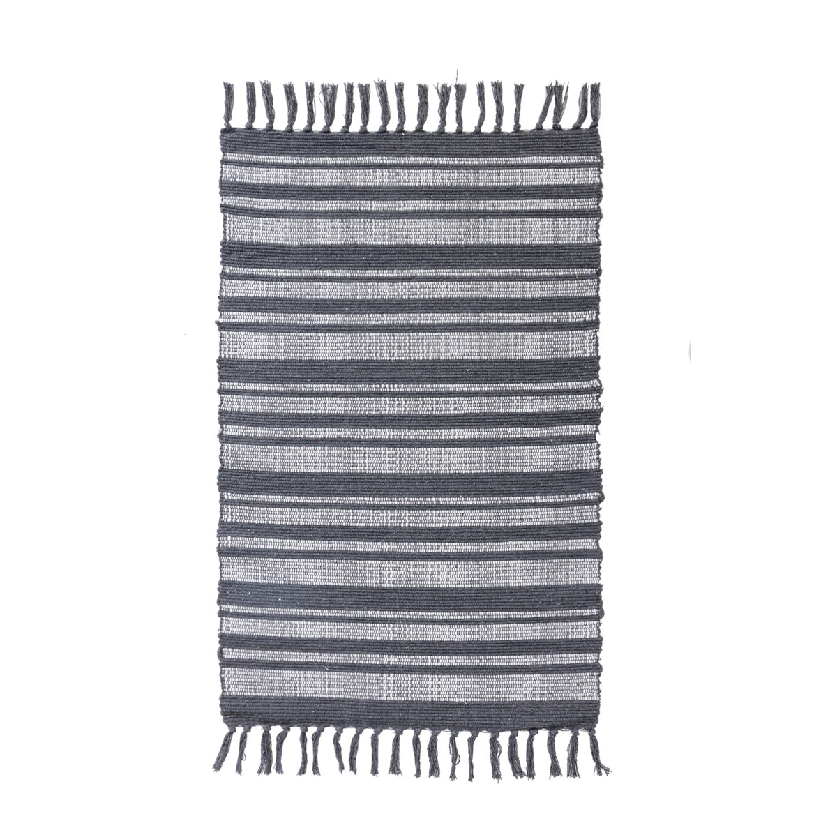 Home Co. Amelia Scatter Charcoal Stripe Rug featuring a woven charcoal and natural striped design with tasselled ends.