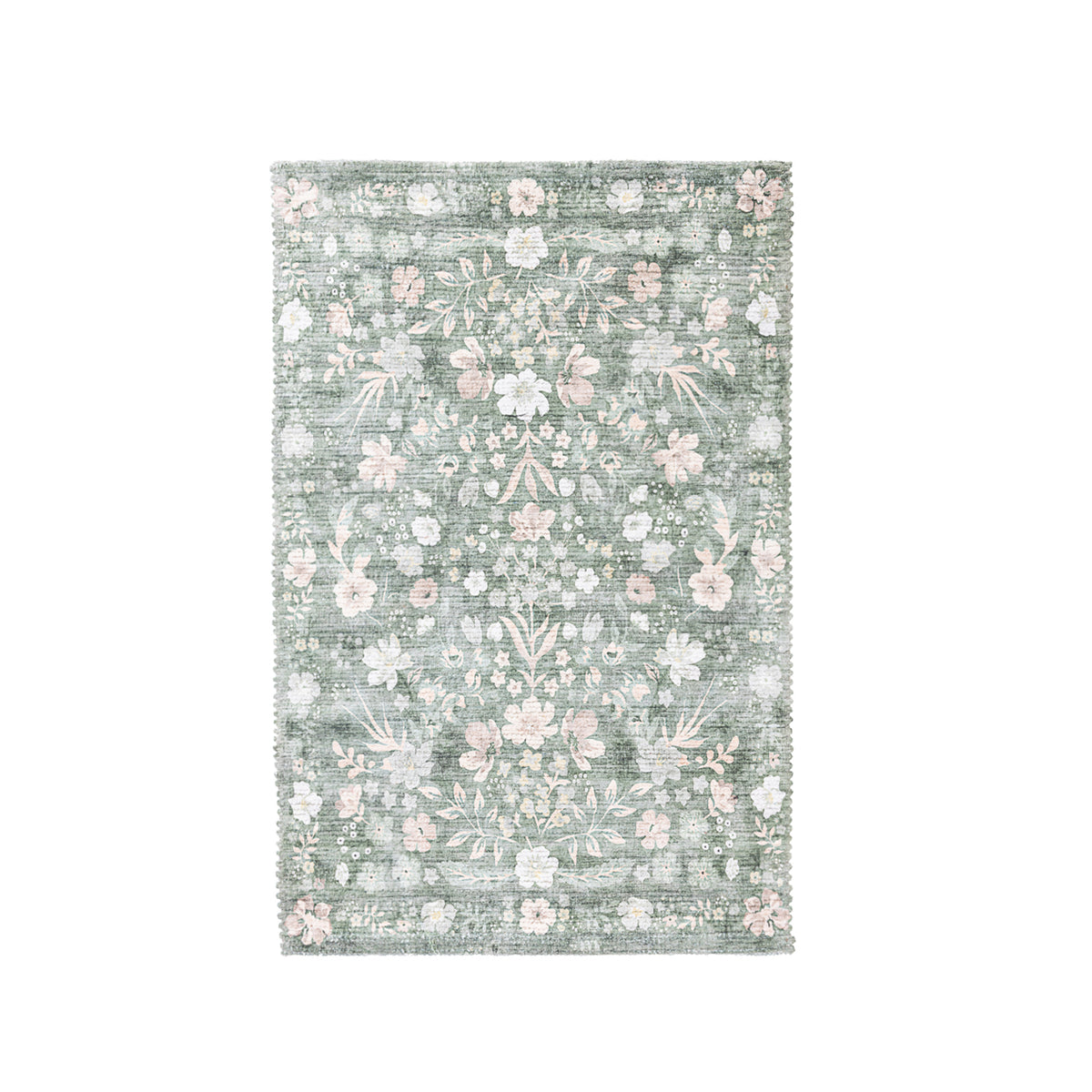 Home Co. Amelia Scatter Green Floral Rug featuring a soft green background with an intricate floral pattern in blush pink, white and subtle neutral tones.