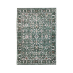 Green rectangular rug featuring an intricate vintage-inspired floral pattern in soft cream, beige and brown tones with a distressed finish and decorative border, 120 x 180cm.