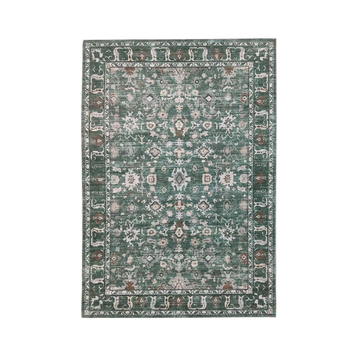 Green rectangular rug featuring an intricate vintage-inspired floral pattern in soft cream, beige and brown tones with a distressed finish and decorative border, 120 x 180cm.
