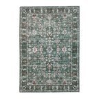 Green rectangular rug featuring an intricate vintage-inspired floral pattern in soft cream, beige and brown tones with a distressed finish and decorative border, 160 x 230cm.
