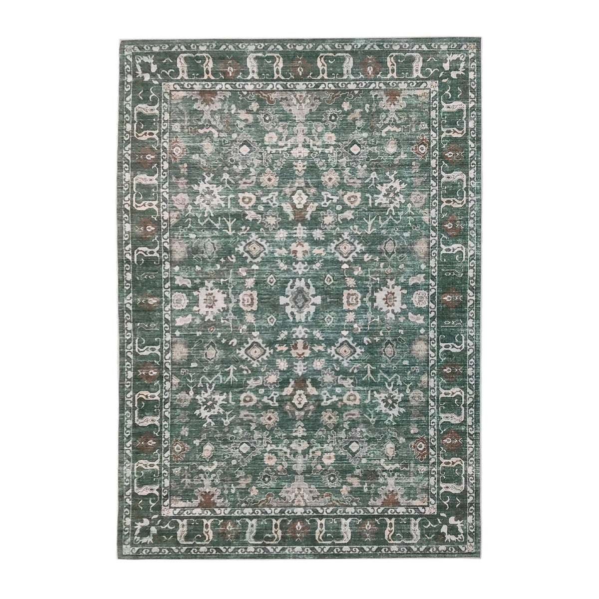 Green rectangular rug featuring an intricate vintage-inspired floral pattern in soft cream, beige and brown tones with a distressed finish and decorative border, 160 x 230cm.