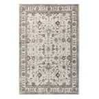 A natural textured rug featuring a vintage-inspired floral pattern in muted grey, taupe and earthy tones, framed by an intricate decorative border against a white background.
