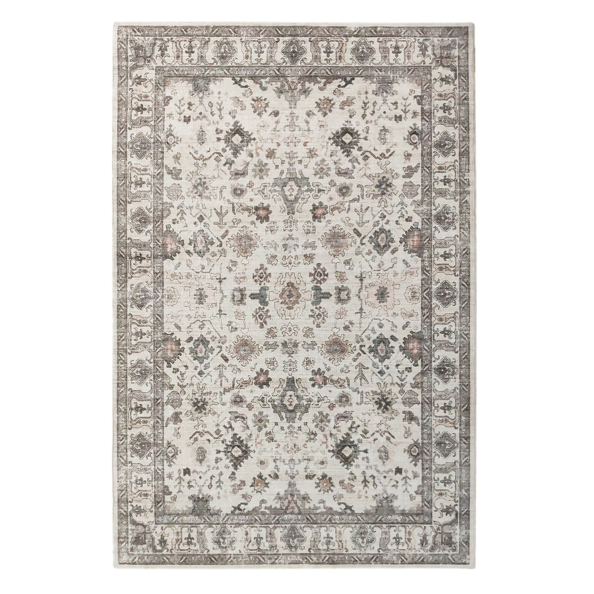 A natural textured rug featuring a vintage-inspired floral pattern in muted grey, taupe and earthy tones, framed by an intricate decorative border against a white background.