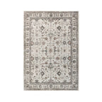 Natural rectangular rug featuring an intricate vintage-inspired floral pattern in soft beige, brown and grey tones with a distressed finish and decorative border, 120 x 180cm.