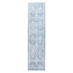 Soft blue runner rug featuring an intricate white damask floral pattern with a decorative border, 80 x 300cm