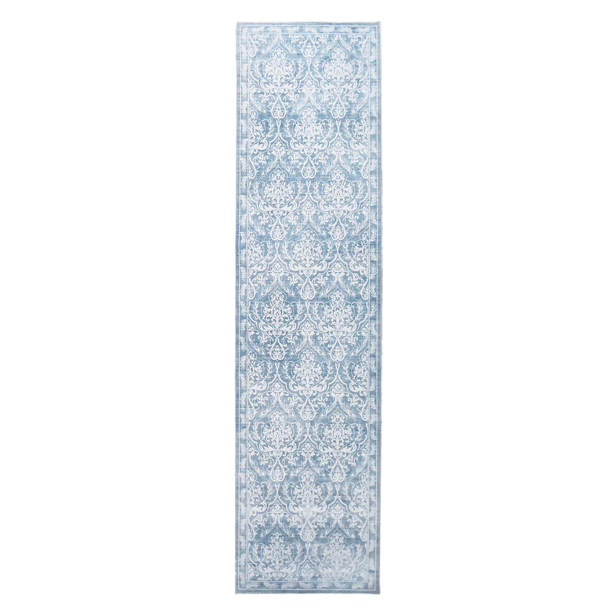Soft blue runner rug featuring an intricate white damask floral pattern with a decorative border, 80 x 300cm